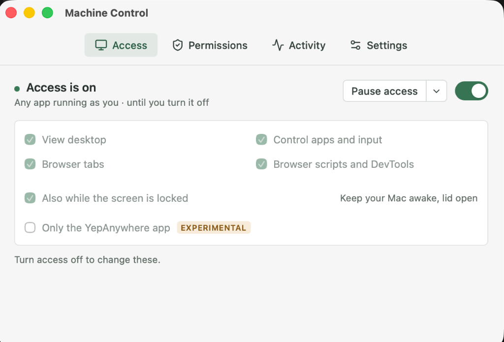 Machine Control on macOS, showing access scopes, Pause access, and the Permissions, Activity, and Settings tabs.